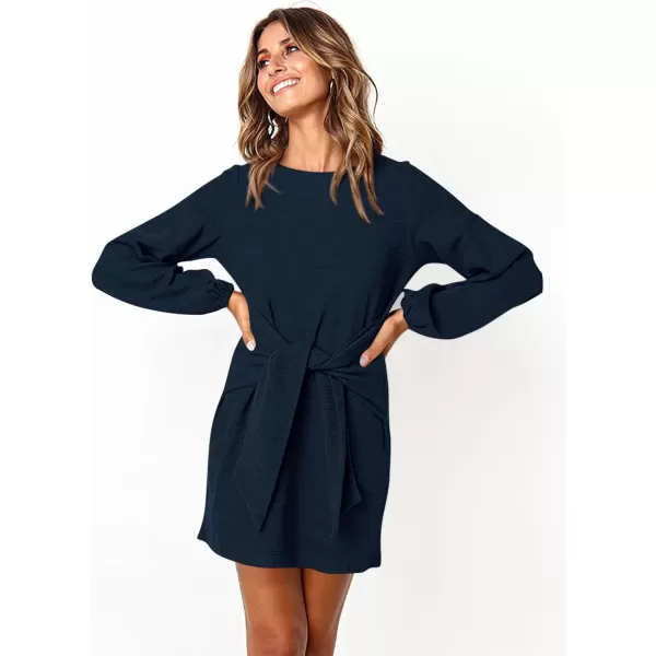 imagePRETTYGARDEN Womens Elegant Long Lantern Sleeve Short Dress Crewneck Tie Waist Knit Cocktail DressNavy