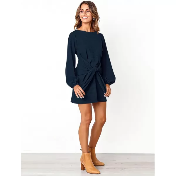 imagePRETTYGARDEN Womens Elegant Long Lantern Sleeve Short Dress Crewneck Tie Waist Knit Cocktail DressNavy