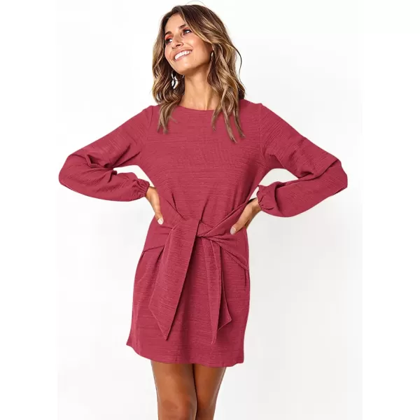 imagePRETTYGARDEN Womens Elegant Long Lantern Sleeve Short Dress Crewneck Tie Waist Knit Cocktail DressOrange Red