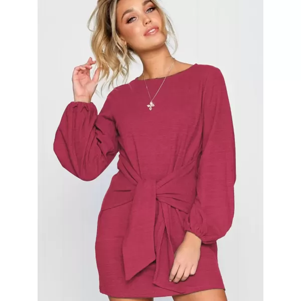 imagePRETTYGARDEN Womens Elegant Long Lantern Sleeve Short Dress Crewneck Tie Waist Knit Cocktail DressOrange Red