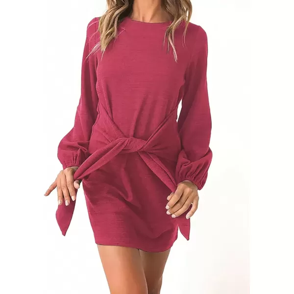 imagePRETTYGARDEN Womens Elegant Long Lantern Sleeve Short Dress Crewneck Tie Waist Knit Cocktail DressOrange Red