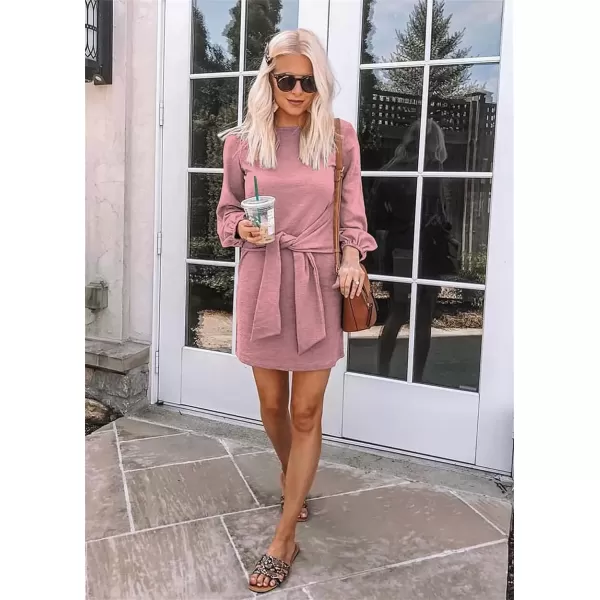 imagePRETTYGARDEN Womens Elegant Long Lantern Sleeve Short Dress Crewneck Tie Waist Knit Cocktail DressPink