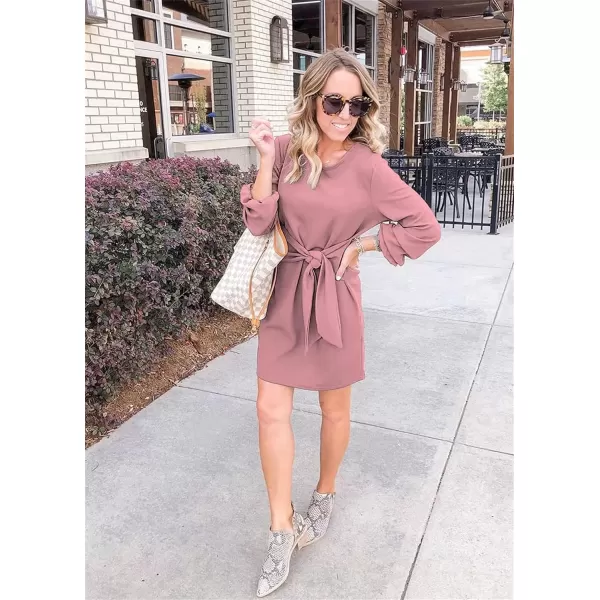 imagePRETTYGARDEN Womens Elegant Long Lantern Sleeve Short Dress Crewneck Tie Waist Knit Cocktail DressPink