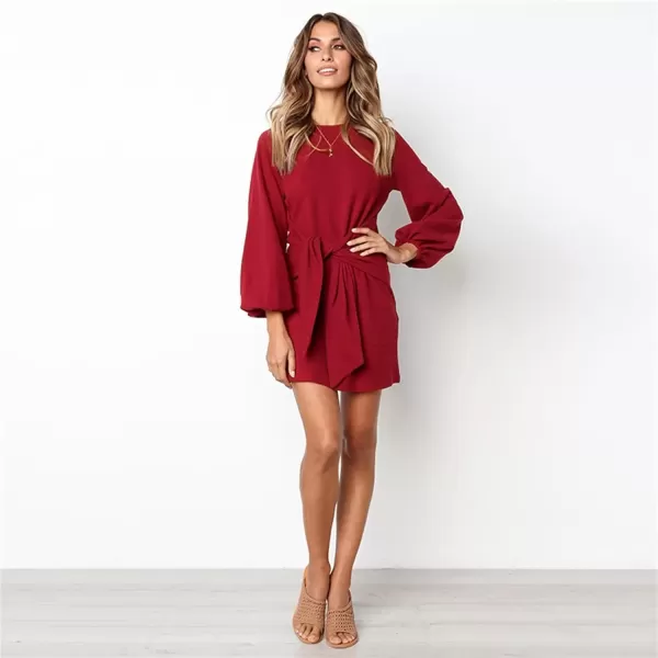 imagePRETTYGARDEN Womens Elegant Long Lantern Sleeve Short Dress Crewneck Tie Waist Knit Cocktail DressRed