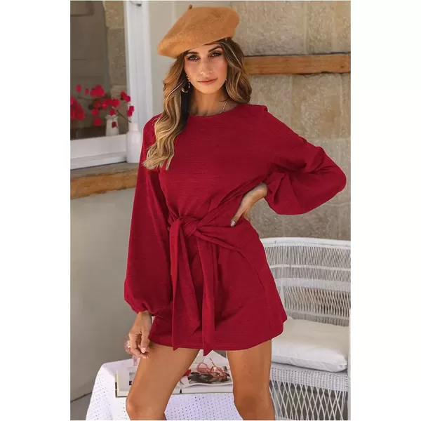 imagePRETTYGARDEN Womens Elegant Long Lantern Sleeve Short Dress Crewneck Tie Waist Knit Cocktail DressRed