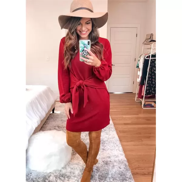 imagePRETTYGARDEN Womens Elegant Long Lantern Sleeve Short Dress Crewneck Tie Waist Knit Cocktail DressRed