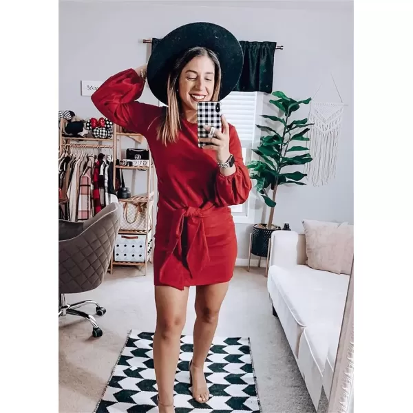imagePRETTYGARDEN Womens Elegant Long Lantern Sleeve Short Dress Crewneck Tie Waist Knit Cocktail DressRed