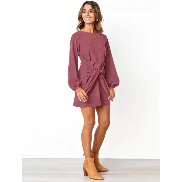 imagePRETTYGARDEN Womens Elegant Long Lantern Sleeve Short Dress Crewneck Tie Waist Knit Cocktail DressRed Brown
