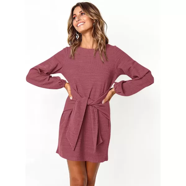 imagePRETTYGARDEN Womens Elegant Long Lantern Sleeve Short Dress Crewneck Tie Waist Knit Cocktail DressRed Brown