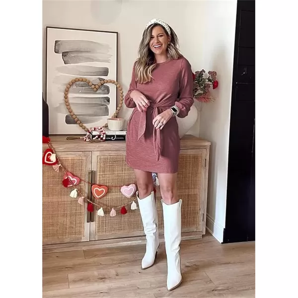 imagePRETTYGARDEN Womens Elegant Long Lantern Sleeve Short Dress Crewneck Tie Waist Knit Cocktail DressRed Brown
