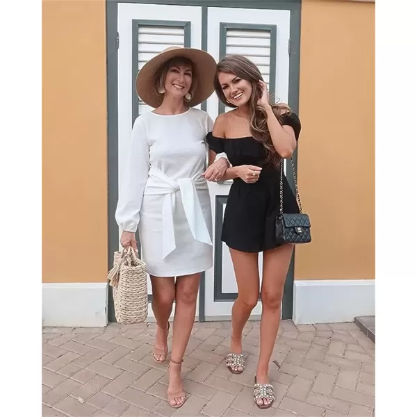 imagePRETTYGARDEN Womens Elegant Long Lantern Sleeve Short Dress Crewneck Tie Waist Knit Cocktail DressWhite