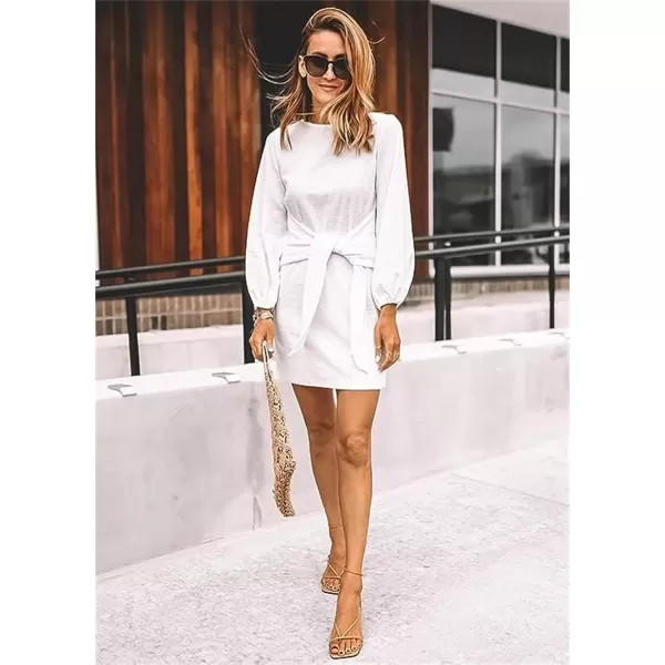 imagePRETTYGARDEN Womens Elegant Long Lantern Sleeve Short Dress Crewneck Tie Waist Knit Cocktail DressWhite