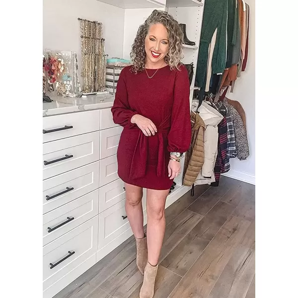 imagePRETTYGARDEN Womens Elegant Long Lantern Sleeve Short Dress Crewneck Tie Waist Knit Cocktail DressWine Red