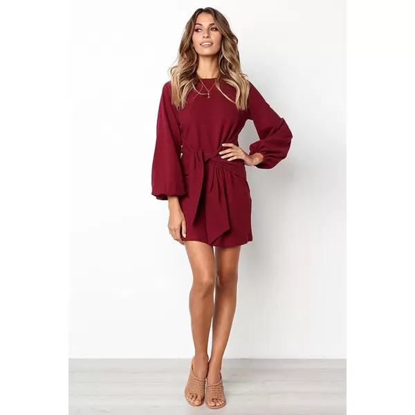 imagePRETTYGARDEN Womens Elegant Long Lantern Sleeve Short Dress Crewneck Tie Waist Knit Cocktail DressWine Red