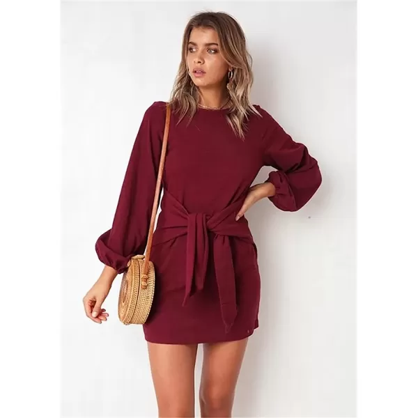 imagePRETTYGARDEN Womens Elegant Long Lantern Sleeve Short Dress Crewneck Tie Waist Knit Cocktail DressWine Red