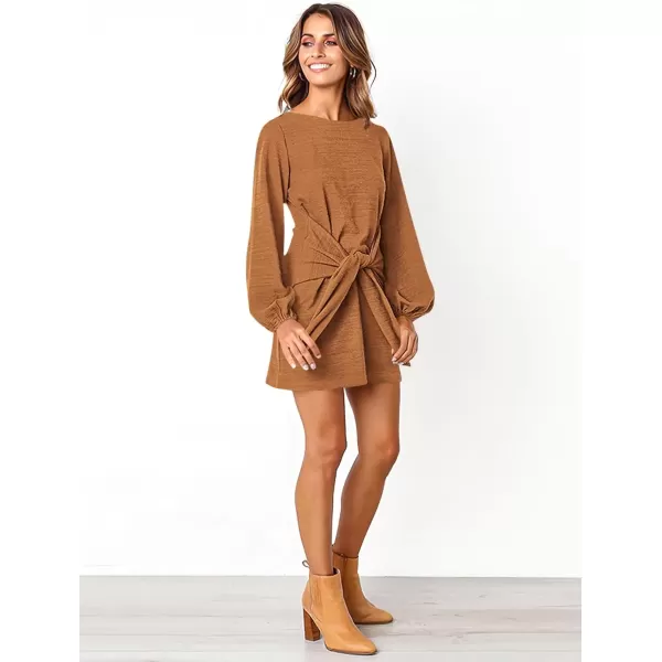 imagePRETTYGARDEN Womens Elegant Long Lantern Sleeve Short Dress Crewneck Tie Waist Knit Cocktail DressYellow Brown