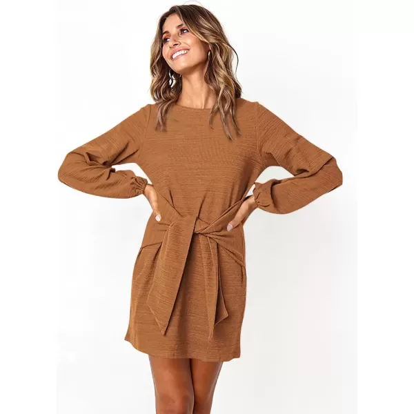 imagePRETTYGARDEN Womens Elegant Long Lantern Sleeve Short Dress Crewneck Tie Waist Knit Cocktail DressYellow Brown