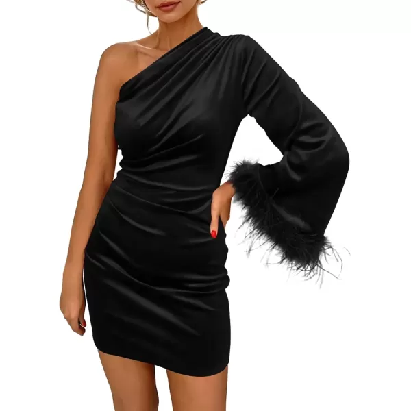 imagePRETTYGARDEN Womens Fall Long Sleeve Velvet Dress One Shoulder Mini Bodycon Wedding Guest Party DressesBlack