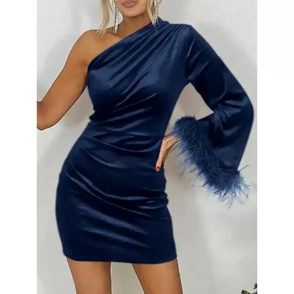 imagePRETTYGARDEN Womens Fall Long Sleeve Velvet Dress One Shoulder Mini Bodycon Wedding Guest Party DressesNavy