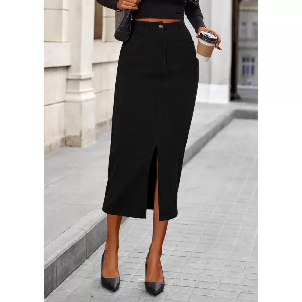imagePRETTYGARDEN Womens Fall Midi Pencil Skirts Dressy Casual Work Office High Waisted Long Slit Corduroy SkirtBlack