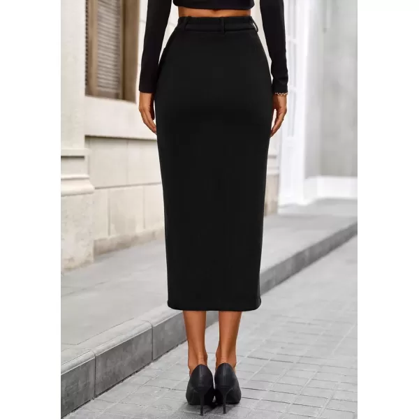 imagePRETTYGARDEN Womens Fall Midi Pencil Skirts Dressy Casual Work Office High Waisted Long Slit Corduroy SkirtBlack