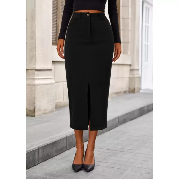 imagePRETTYGARDEN Womens Fall Midi Pencil Skirts Dressy Casual Work Office High Waisted Long Slit Corduroy SkirtBlack