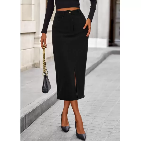 imagePRETTYGARDEN Womens Fall Midi Pencil Skirts Dressy Casual Work Office High Waisted Long Slit Corduroy SkirtBlack