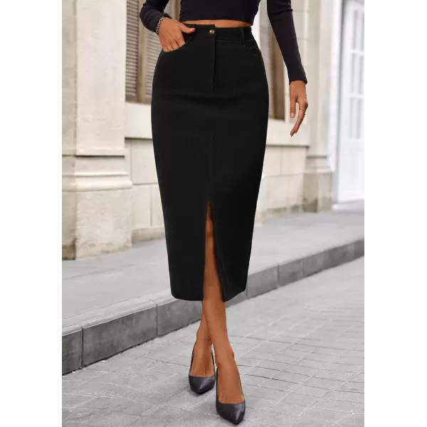 imagePRETTYGARDEN Womens Fall Midi Pencil Skirts Dressy Casual Work Office High Waisted Long Slit Corduroy SkirtBlack
