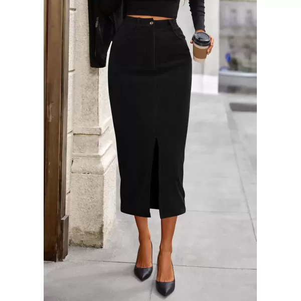 imagePRETTYGARDEN Womens Fall Midi Pencil Skirts Dressy Casual Work Office High Waisted Long Slit Corduroy SkirtBlack