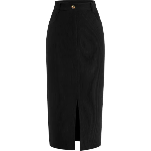 imagePRETTYGARDEN Womens Fall Midi Pencil Skirts Dressy Casual Work Office High Waisted Long Slit Corduroy SkirtBlack
