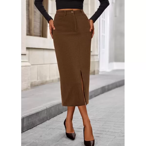 imagePRETTYGARDEN Womens Fall Midi Pencil Skirts Dressy Casual Work Office High Waisted Long Slit Corduroy SkirtBrown