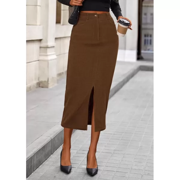 imagePRETTYGARDEN Womens Fall Midi Pencil Skirts Dressy Casual Work Office High Waisted Long Slit Corduroy SkirtBrown