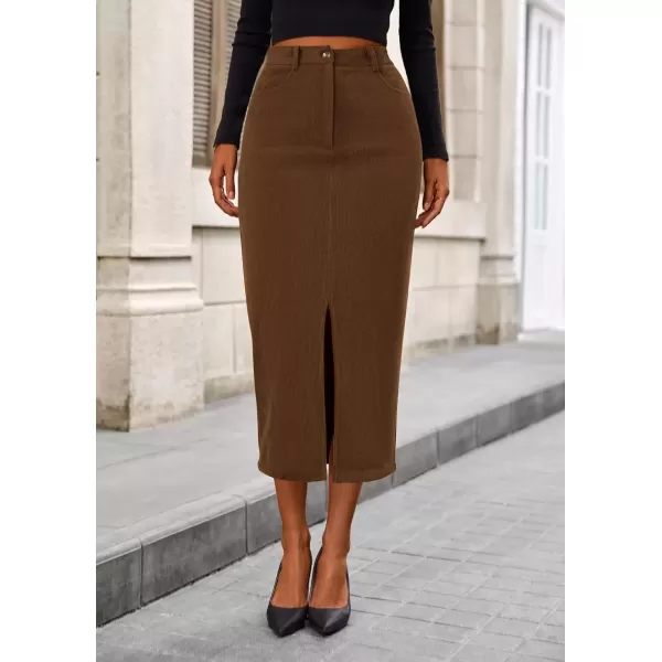 imagePRETTYGARDEN Womens Fall Midi Pencil Skirts Dressy Casual Work Office High Waisted Long Slit Corduroy SkirtBrown