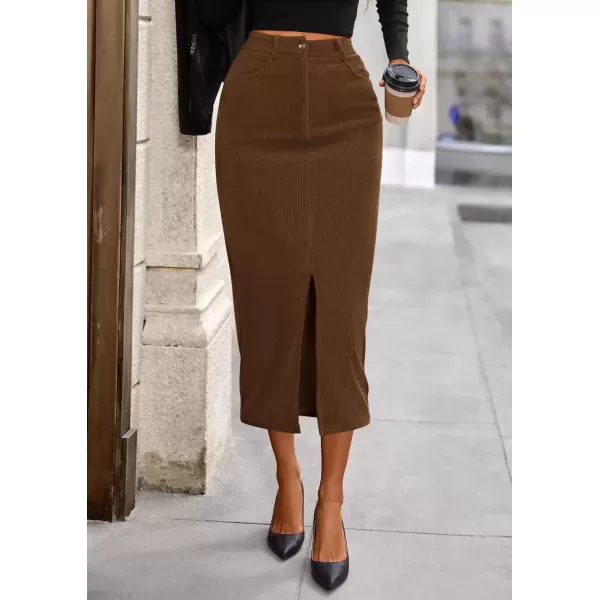 imagePRETTYGARDEN Womens Fall Midi Pencil Skirts Dressy Casual Work Office High Waisted Long Slit Corduroy SkirtBrown