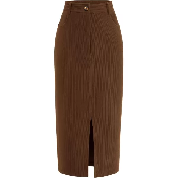imagePRETTYGARDEN Womens Fall Midi Pencil Skirts Dressy Casual Work Office High Waisted Long Slit Corduroy SkirtBrown