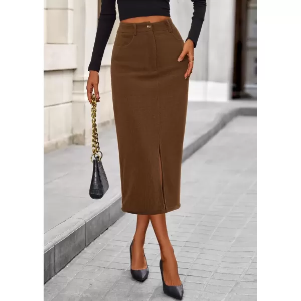 imagePRETTYGARDEN Womens Fall Midi Pencil Skirts Dressy Casual Work Office High Waisted Long Slit Corduroy SkirtBrown