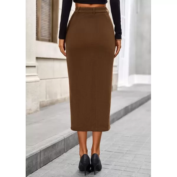 imagePRETTYGARDEN Womens Fall Midi Pencil Skirts Dressy Casual Work Office High Waisted Long Slit Corduroy SkirtBrown