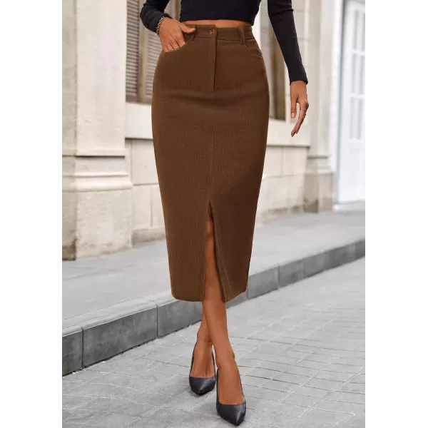 imagePRETTYGARDEN Womens Fall Midi Pencil Skirts Dressy Casual Work Office High Waisted Long Slit Corduroy SkirtBrown