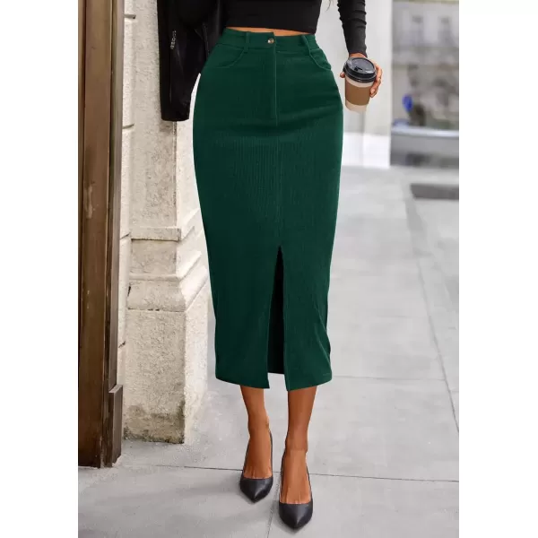 imagePRETTYGARDEN Womens Fall Midi Pencil Skirts Dressy Casual Work Office High Waisted Long Slit Corduroy SkirtDark Green