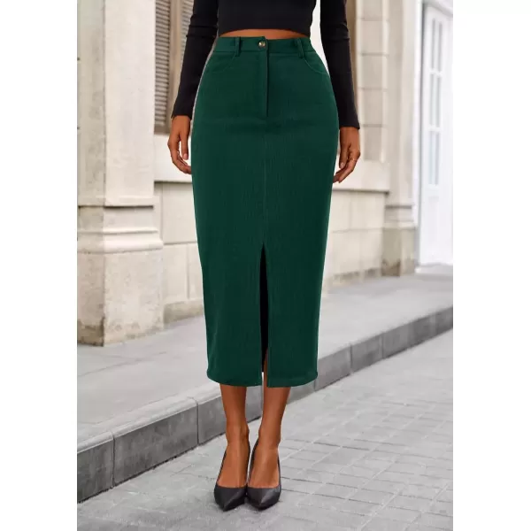 imagePRETTYGARDEN Womens Fall Midi Pencil Skirts Dressy Casual Work Office High Waisted Long Slit Corduroy SkirtDark Green