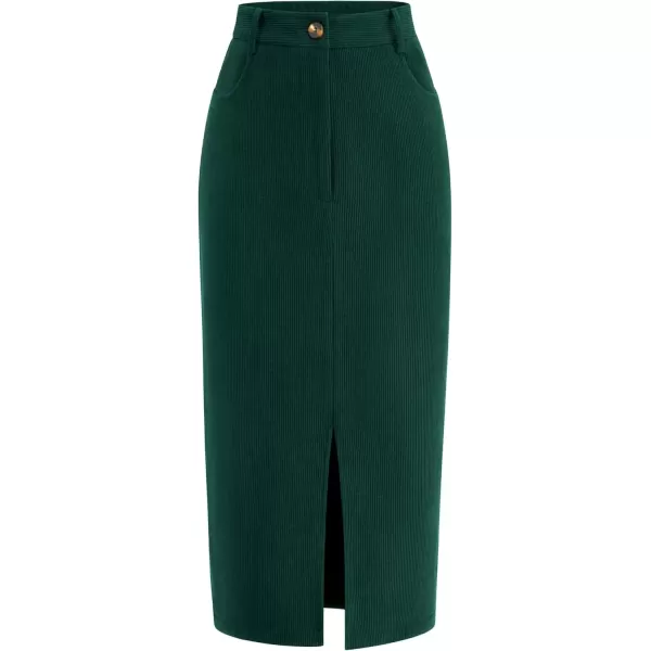imagePRETTYGARDEN Womens Fall Midi Pencil Skirts Dressy Casual Work Office High Waisted Long Slit Corduroy SkirtDark Green