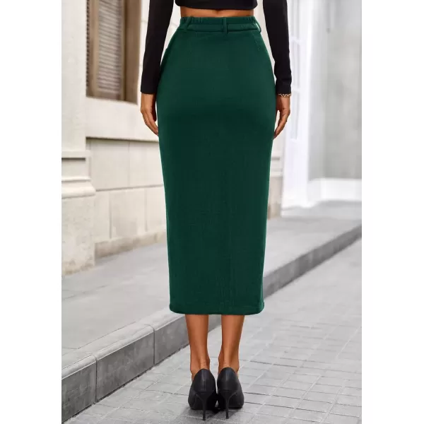 imagePRETTYGARDEN Womens Fall Midi Pencil Skirts Dressy Casual Work Office High Waisted Long Slit Corduroy SkirtDark Green