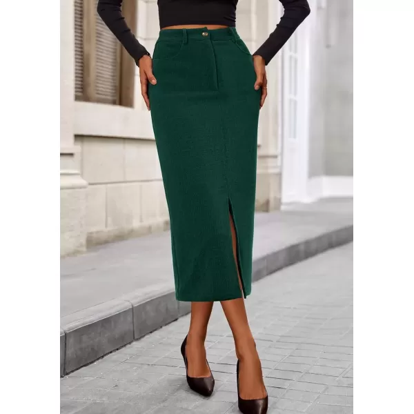 imagePRETTYGARDEN Womens Fall Midi Pencil Skirts Dressy Casual Work Office High Waisted Long Slit Corduroy SkirtDark Green