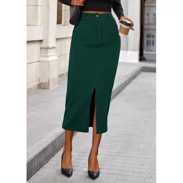 imagePRETTYGARDEN Womens Fall Midi Pencil Skirts Dressy Casual Work Office High Waisted Long Slit Corduroy SkirtDark Green