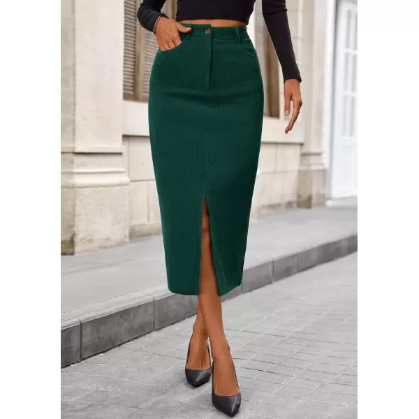 imagePRETTYGARDEN Womens Fall Midi Pencil Skirts Dressy Casual Work Office High Waisted Long Slit Corduroy SkirtDark Green