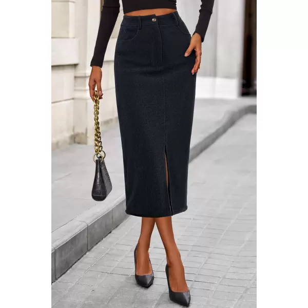 imagePRETTYGARDEN Womens Fall Midi Pencil Skirts Dressy Casual Work Office High Waisted Long Slit Corduroy SkirtDark Grey