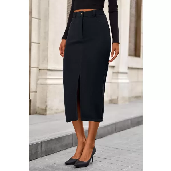 imagePRETTYGARDEN Womens Fall Midi Pencil Skirts Dressy Casual Work Office High Waisted Long Slit Corduroy SkirtDark Grey