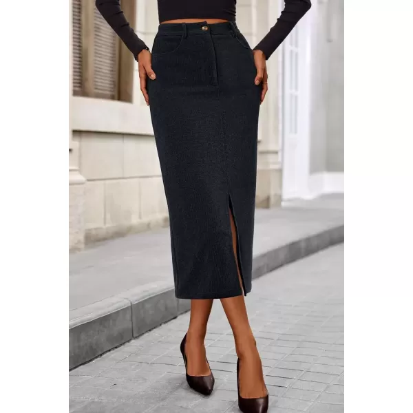 imagePRETTYGARDEN Womens Fall Midi Pencil Skirts Dressy Casual Work Office High Waisted Long Slit Corduroy SkirtDark Grey