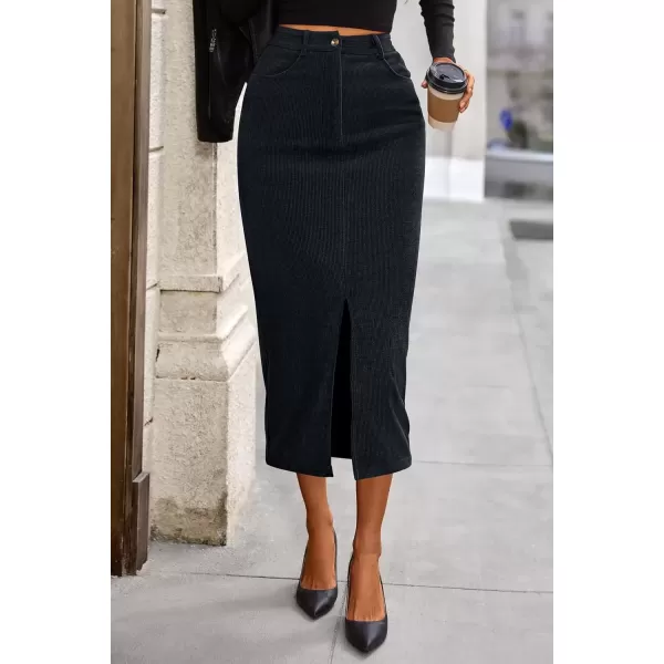 imagePRETTYGARDEN Womens Fall Midi Pencil Skirts Dressy Casual Work Office High Waisted Long Slit Corduroy SkirtDark Grey