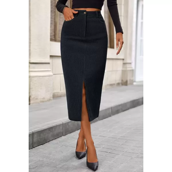 imagePRETTYGARDEN Womens Fall Midi Pencil Skirts Dressy Casual Work Office High Waisted Long Slit Corduroy SkirtDark Grey